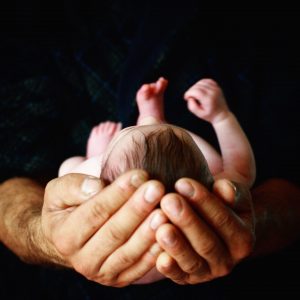 a newborn supported by big hands