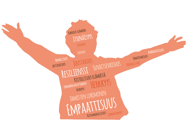resilienssi, itsenäisyys, suvaitsevaisuus, kiitollisuus elämästä, empaattisuus, ihmisten lukeminen, omatomisuus, avarakatseisuus, auttavaisuus, kutsumuksellisuus, ennakkoluulottomuus, joustavuus, luovuus, rakkaus elämään